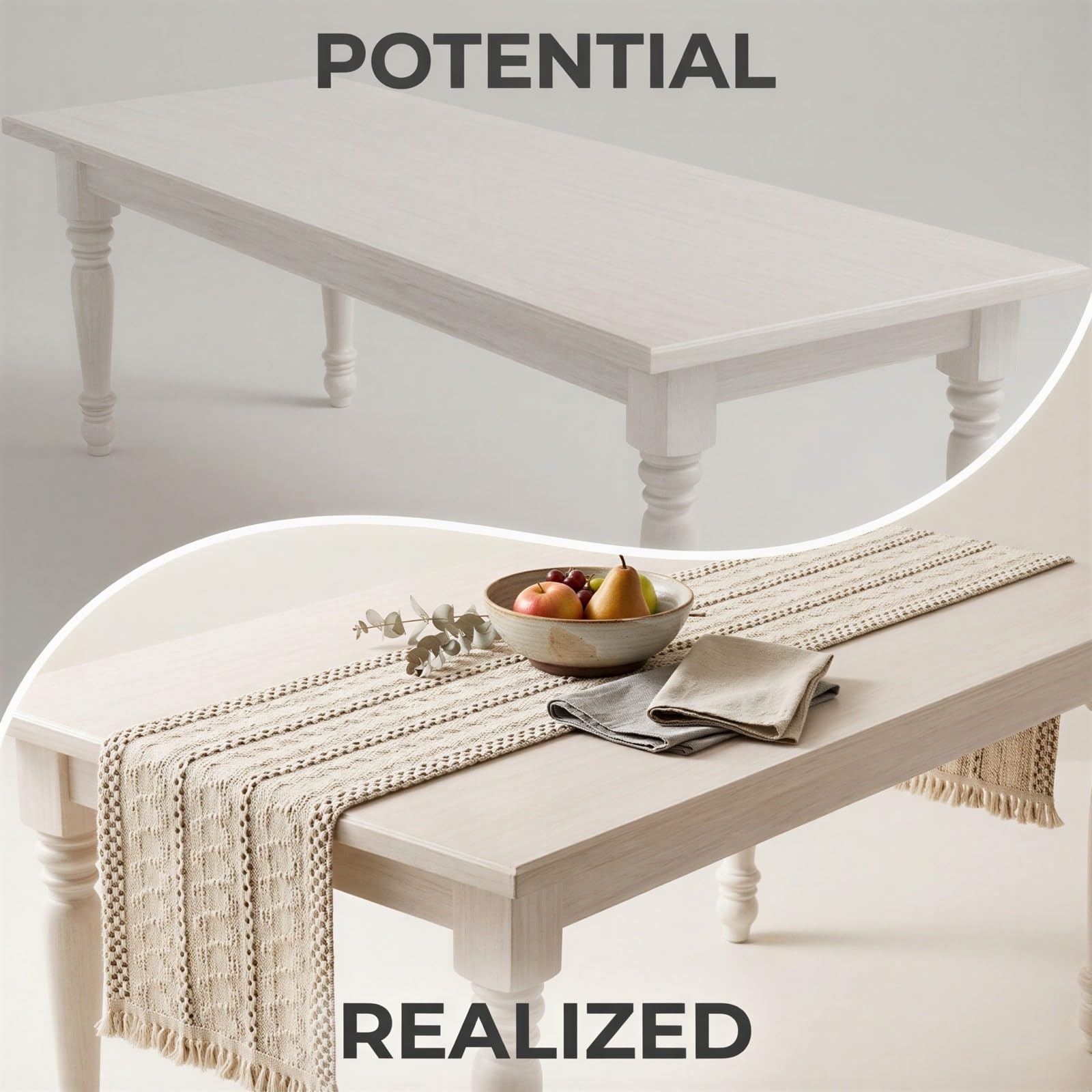 Tischläufer aus Baumwoll-Leinen, gewebter Tischläufer mit Quasten, gestreifter genähter Strickläufer, natürliche Creme-Deko für Küche, Esstisch und Esszimmer, neutraler Farmhouse-Boho-Stil