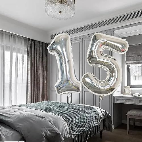 Miniatura 5 de Globos plateados gigantes del número 15, globos gigantes de número 15, globos de helio de 32 pulgadas, globos de aluminio de Mylar para niños y