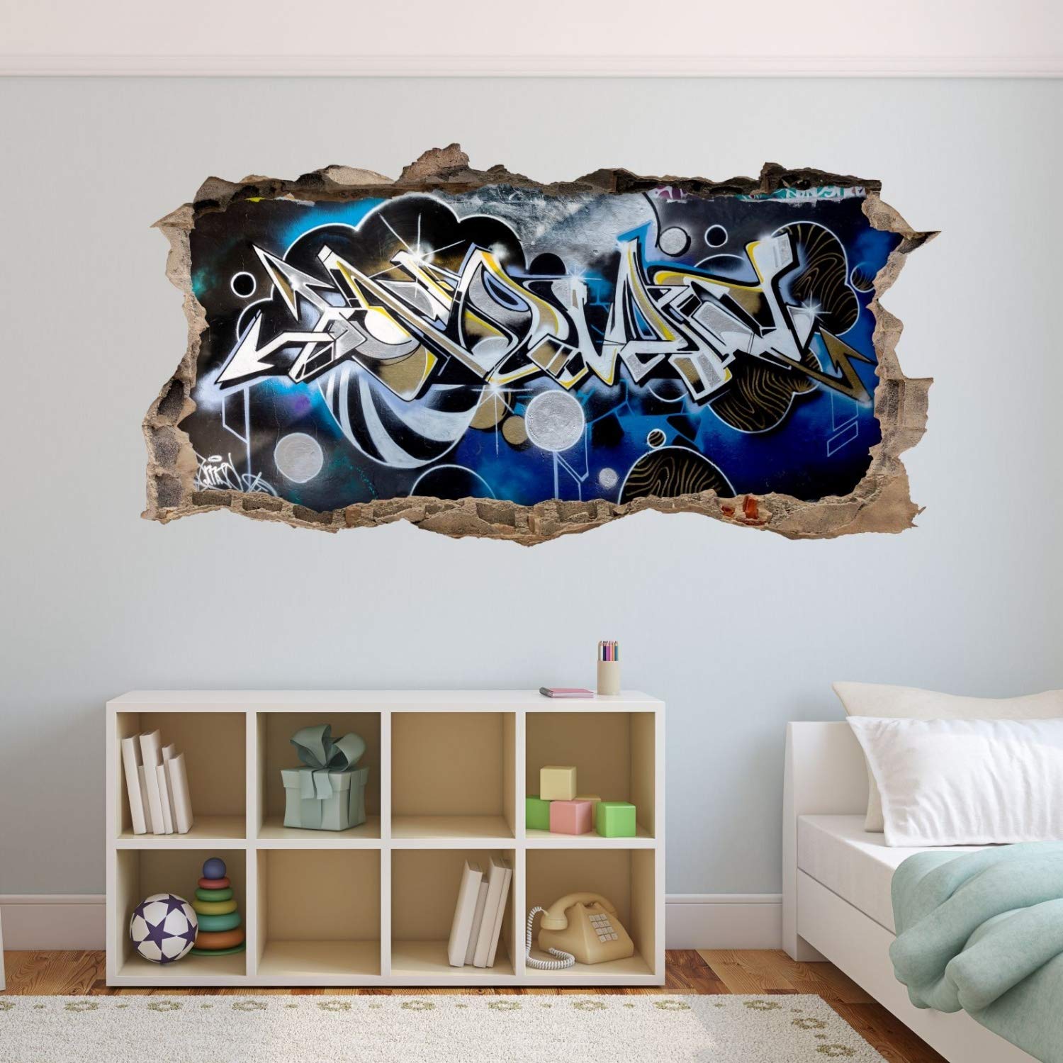 nikima - Adesivo da parete per bambini, motivo graffiti, blu, grigio, foro nella parete, 6 misure, decorazione da parete, per adolescenti, dimensioni 2000 x 1000 mm