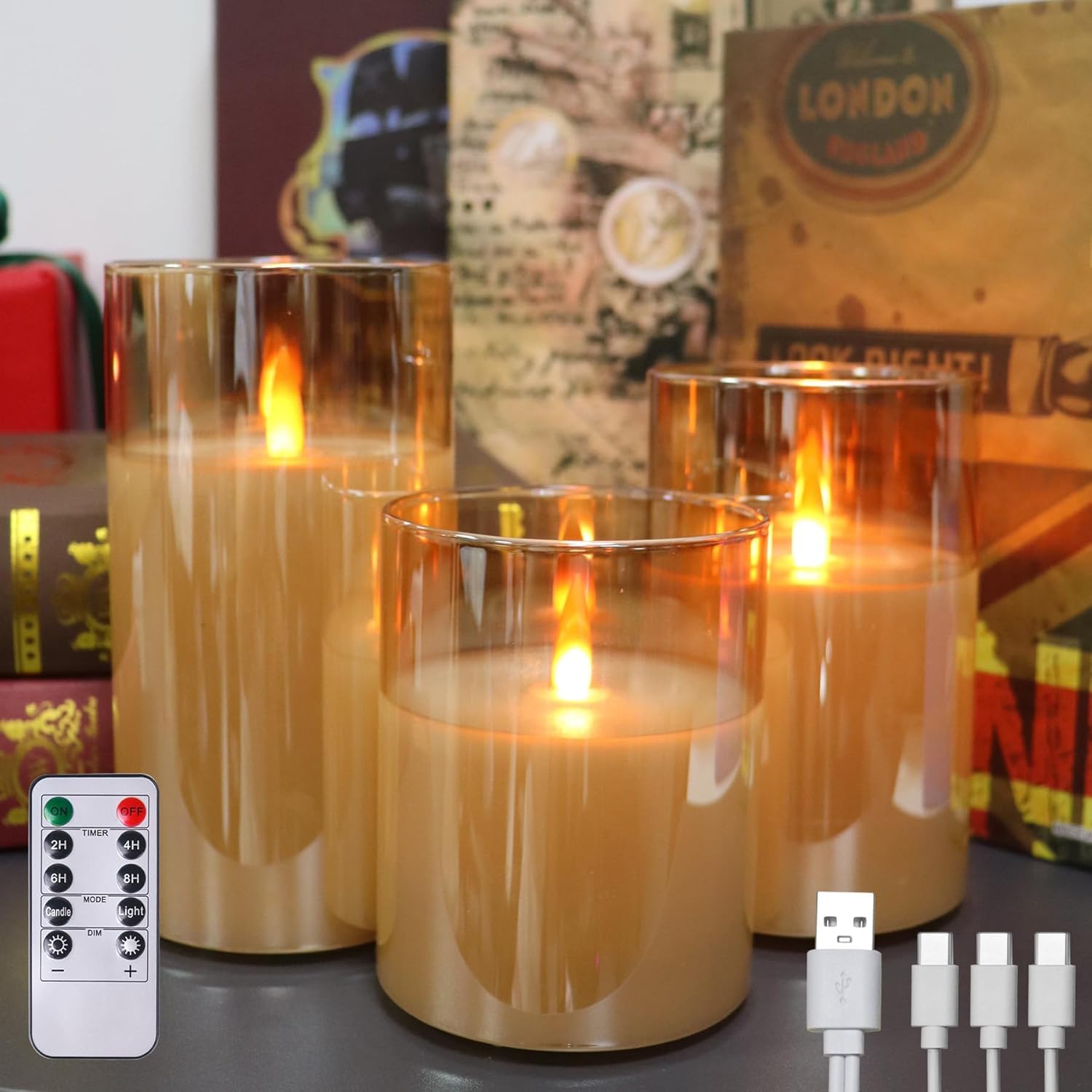 MozkeTo19 Rechargeable Candles, Glass Gold Real Wax LED Candles, Type-C Rechargeable Glass Flameless Candles Flickering