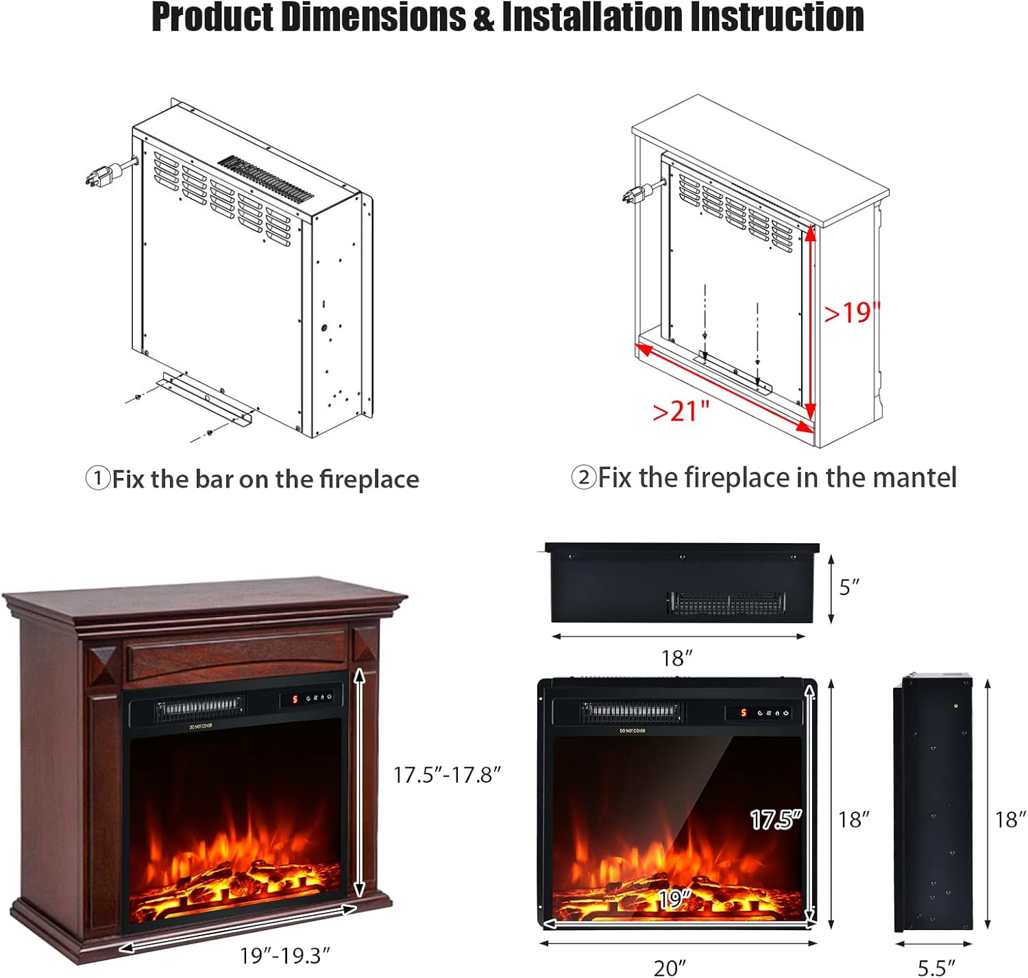 Tangkula 18 Inch Recessed Electric Fireplace Insert, 1500W Freestanding Fireplace Stove Heater W/Adjustable Flame Effect & Temperature, Built-in Thermostat, Timing Function, Remote Control
