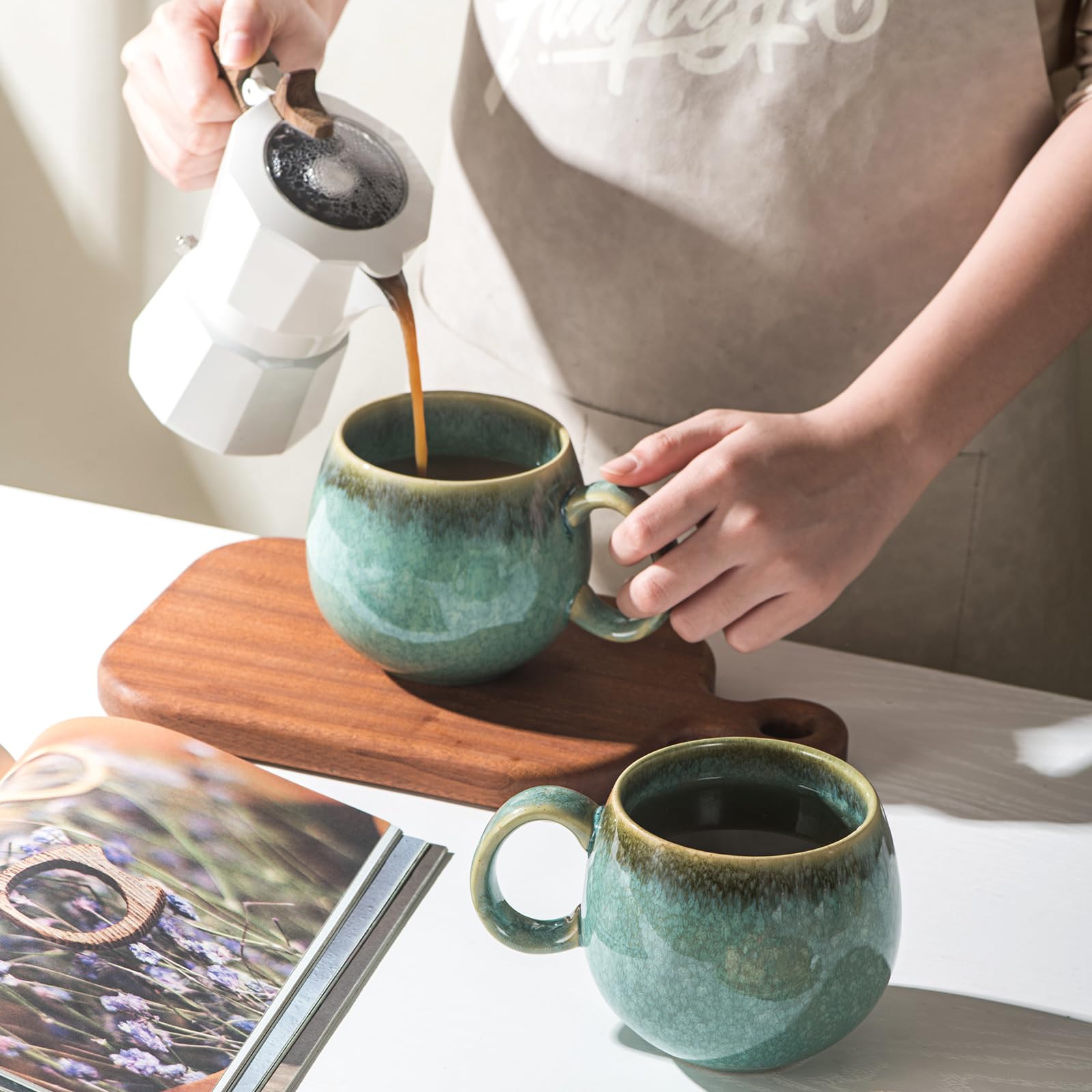 HENXFEN LEAD Set de tasses à cappuccino Céramique, 600ml tasses à café avec anse, 4 tasses en porcelaine pour thé café lait cappuccino - Vert brillant