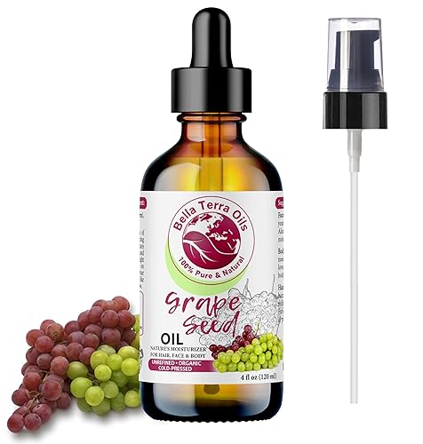 Bella Terra Oils - Aceite de semilla de uva orgánico de 4 onzas - Hecho a partir de uvas orgánicas prístinas, repleto de procianidinas y vitamina F,