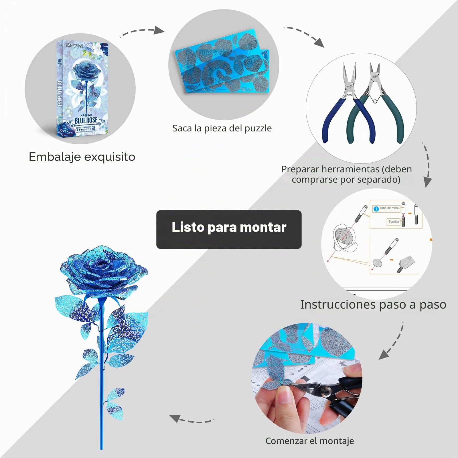 Piececool Puzzle 3D Metal, Regalos de Colección, Maquetas para Montar y Construir para Adultos y Adolescentes, Flores (Azul)