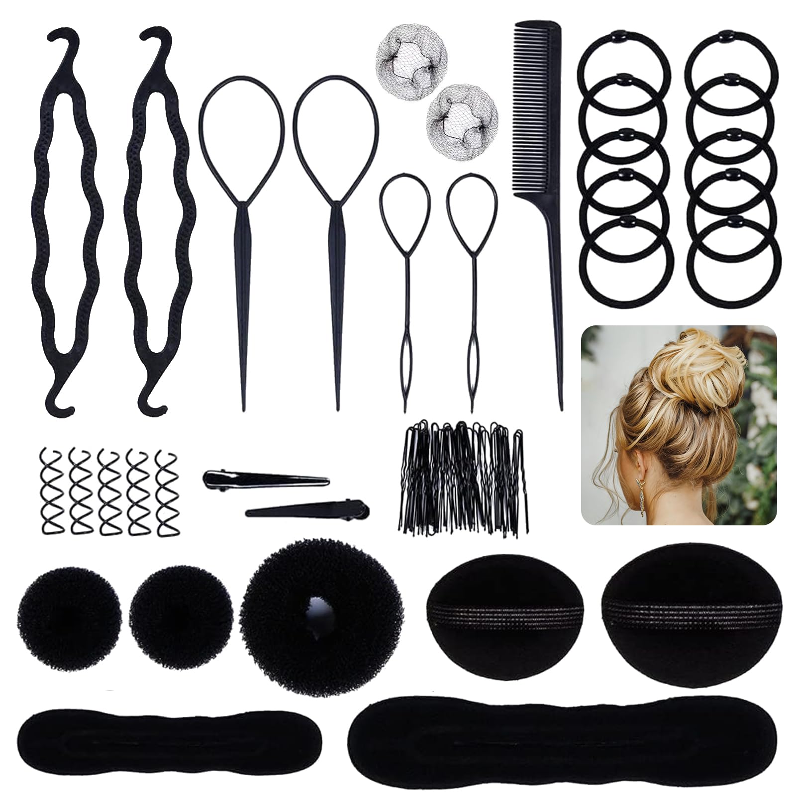 Oiomniv Haarstyling-Tools Set für Damen - All-in-One DIY Flecht- & Dutt-Set, Haaraccessoires für Hochsteckfrisuren, Pferdeschwänze & Zöpfe, einfac (Schwarz 1)