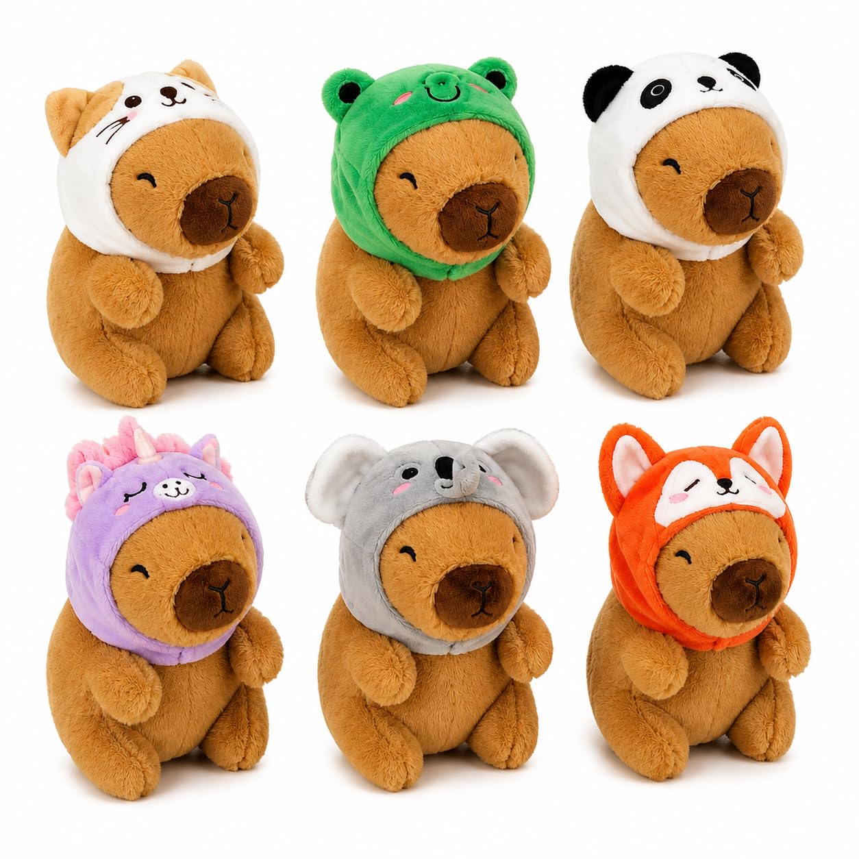 SRV Hub 6x Capybara Plush Toys with Animal Hats 14cm, Cute Capybara Soft Toys, Stuffed Animals, Capybara Gifts, 6 Assorted Designs โ Koala, Unicorn, Cat, Panda, Fox, Frog, Age 3+