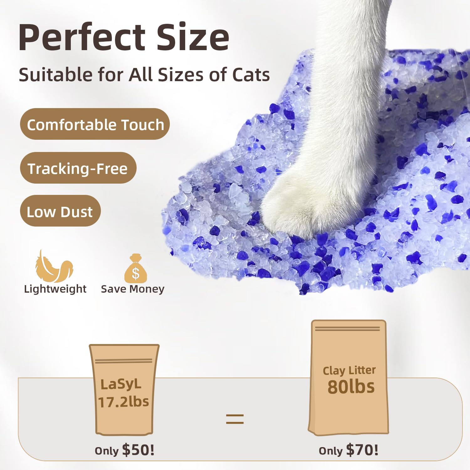 LaSyL Arena cristalina para gatos, 7.8 kg, cuatro meses de duración, control y absorción superiores de olores, no se aglutina, gel de sílice de bajo seguimiento, seguro para mascotas, blanco y azul (4