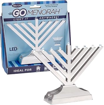 Rite Lite Rambam Style Go Menorah Silvertone Electric With Blue Lights - Chanukah Perfect Hanukkah Gift Modern