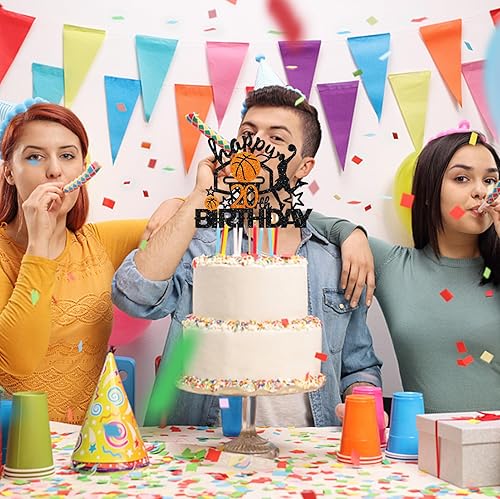 Miniatura 5 de Decoración de baloncesto para pastel de cumpleaños número 20, decoración de pastel de baloncesto con purpurina negra y naranja, decoración de pastel