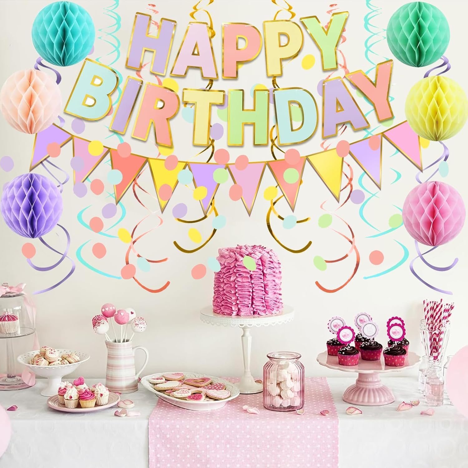 Macaron Superlarge Alphabet Happy Birthday Banner Colorful Flag Bunting Circle Confetti Garland Swirl Streamers Honeycomb Ball for Birthday Party Decorations