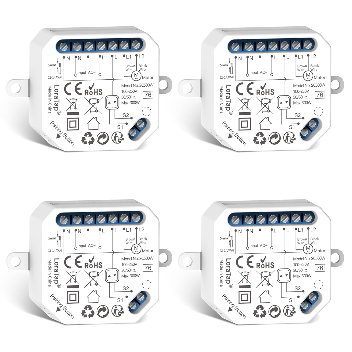 LoraTap Interruptor Persianas WiFi, 4 Piezas Relé de Persiana Temporizador Inteligente para Cortina Eléctrica, Control Remoto por Teléfono, Compatible con Alexa y Google Home para Control de Voz, 300W