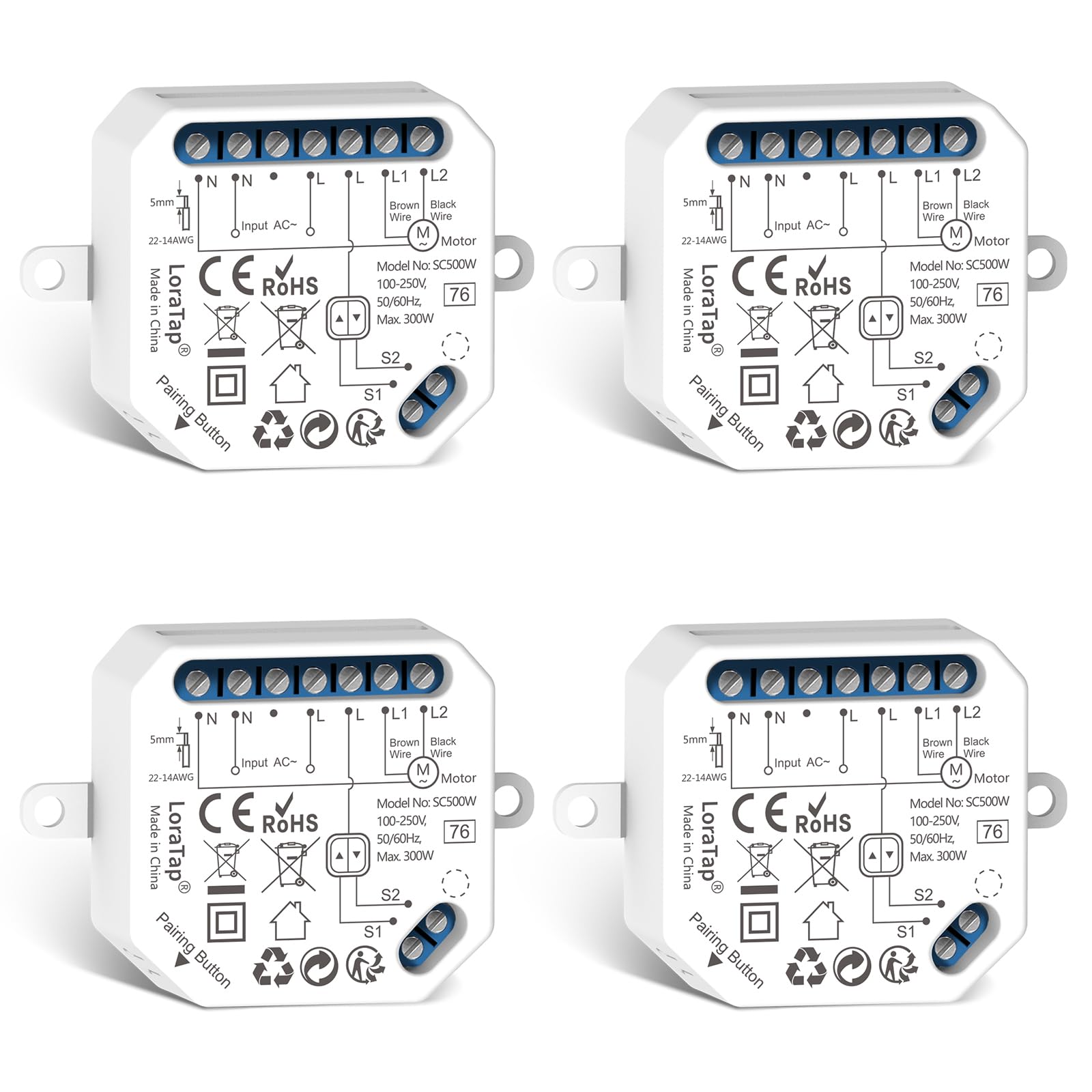 LoraTap Interruptor Persianas WiFi, 4 Piezas Relé de Persiana Temporizador Inteligente para Cortina Eléctrica, Control Remoto por Teléfono, Compatible con Alexa y Google Home para Control de Voz, 300W