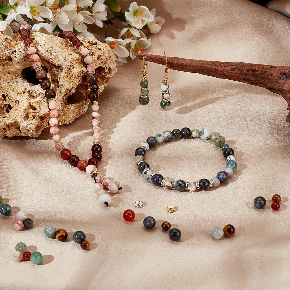 PH PandaHall 520pcs Stone Beads Kit for Jewelry Making, 14 Styles 6/8mm Natural Gemstone Beads Marble Loose Beads Round Smooth Beads with Iron Rhinestone Spacer Beads for Bracelet Necklace Earring