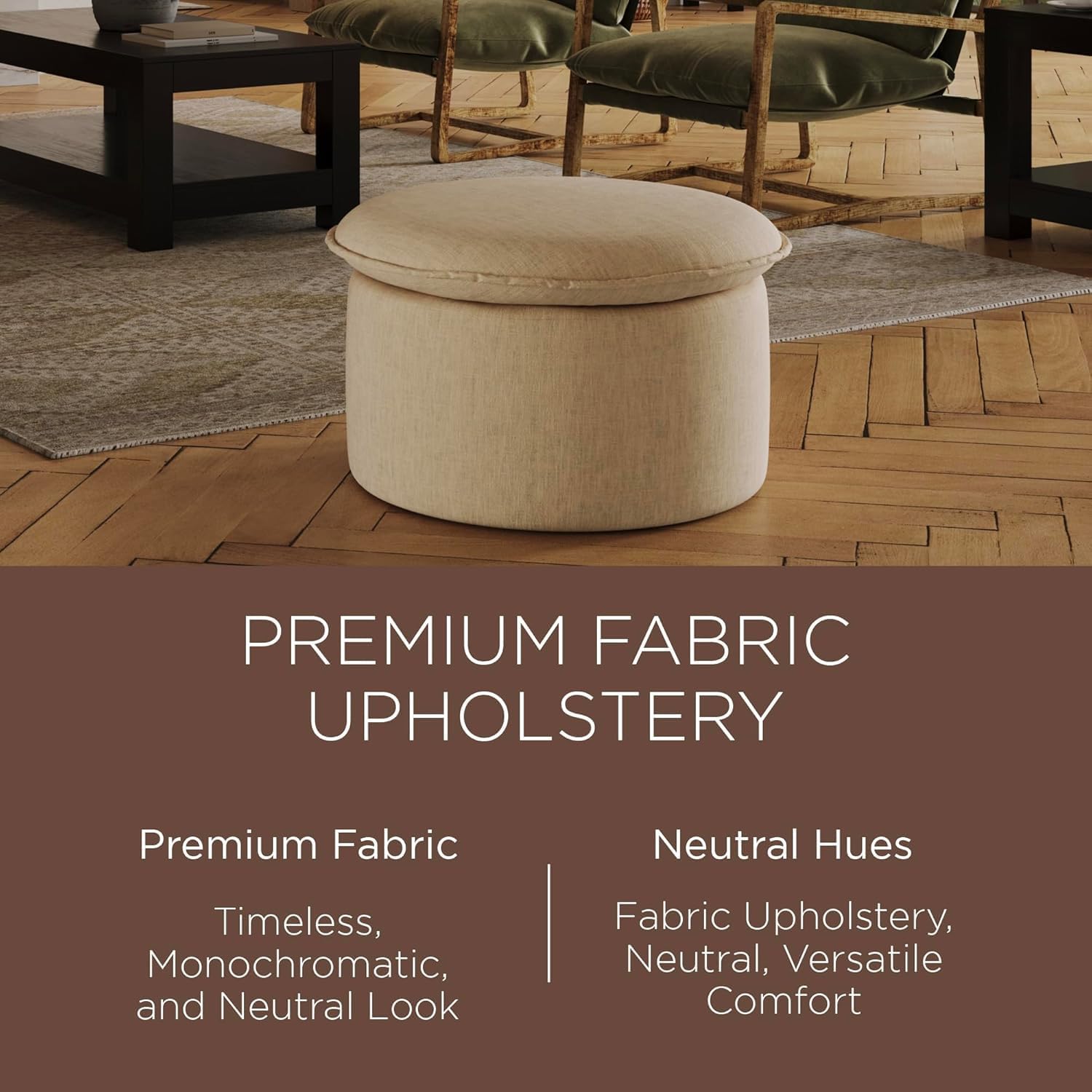 Maven Lane Lyra Contemporary Large Round Upholstered Ottoman, Cushioned Footrest for Living Room Couch, Chair, or Dorm Room in Cream Fabric Upholstery