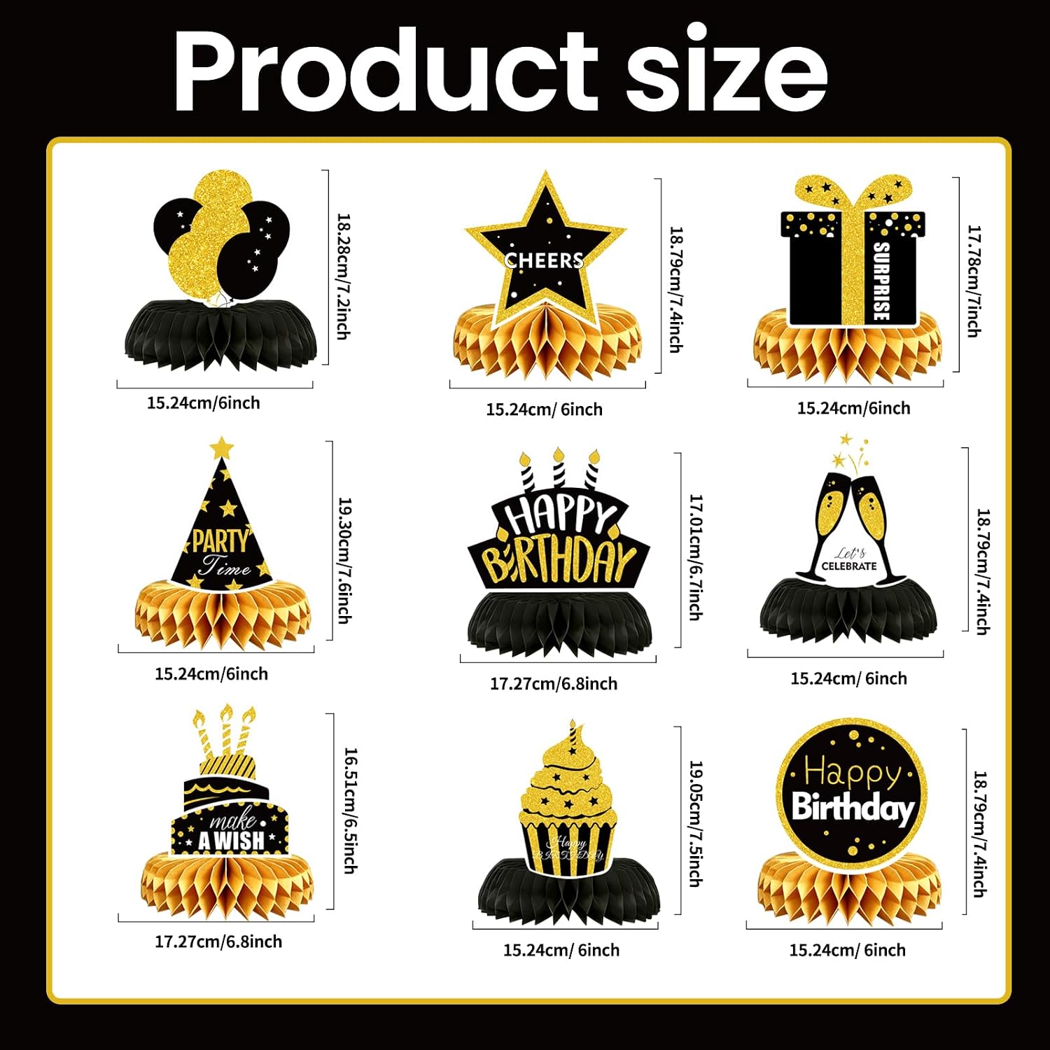 9 Pieces Birthday Table Decorations, Black and Gold Happy Birthday Honeycomb Centerpieces Party Supplies Table Toppers Party Favors for Men Women Photo Booth Props image 3