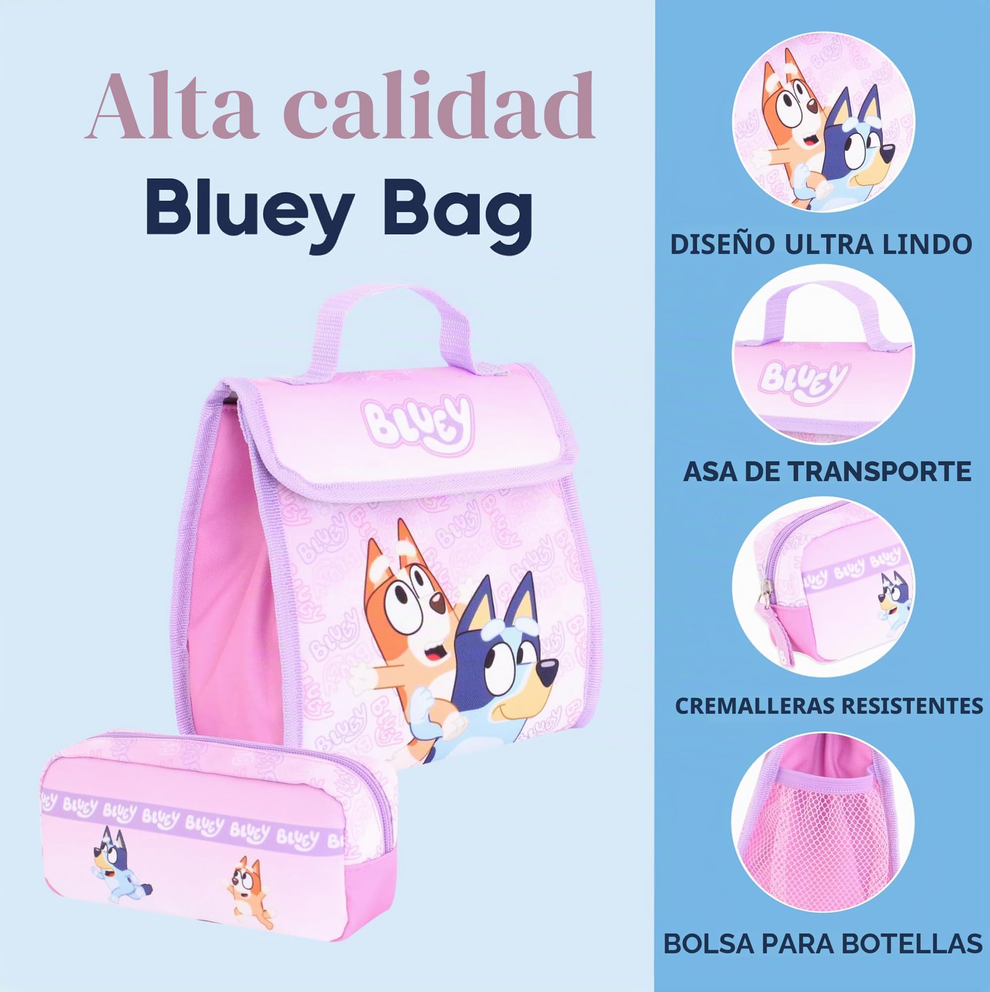 Bluey Juego de mochila para niñas – 3 piezas para niños y niños pequeños, mochila escolar con lonchera y estuche para lápices
