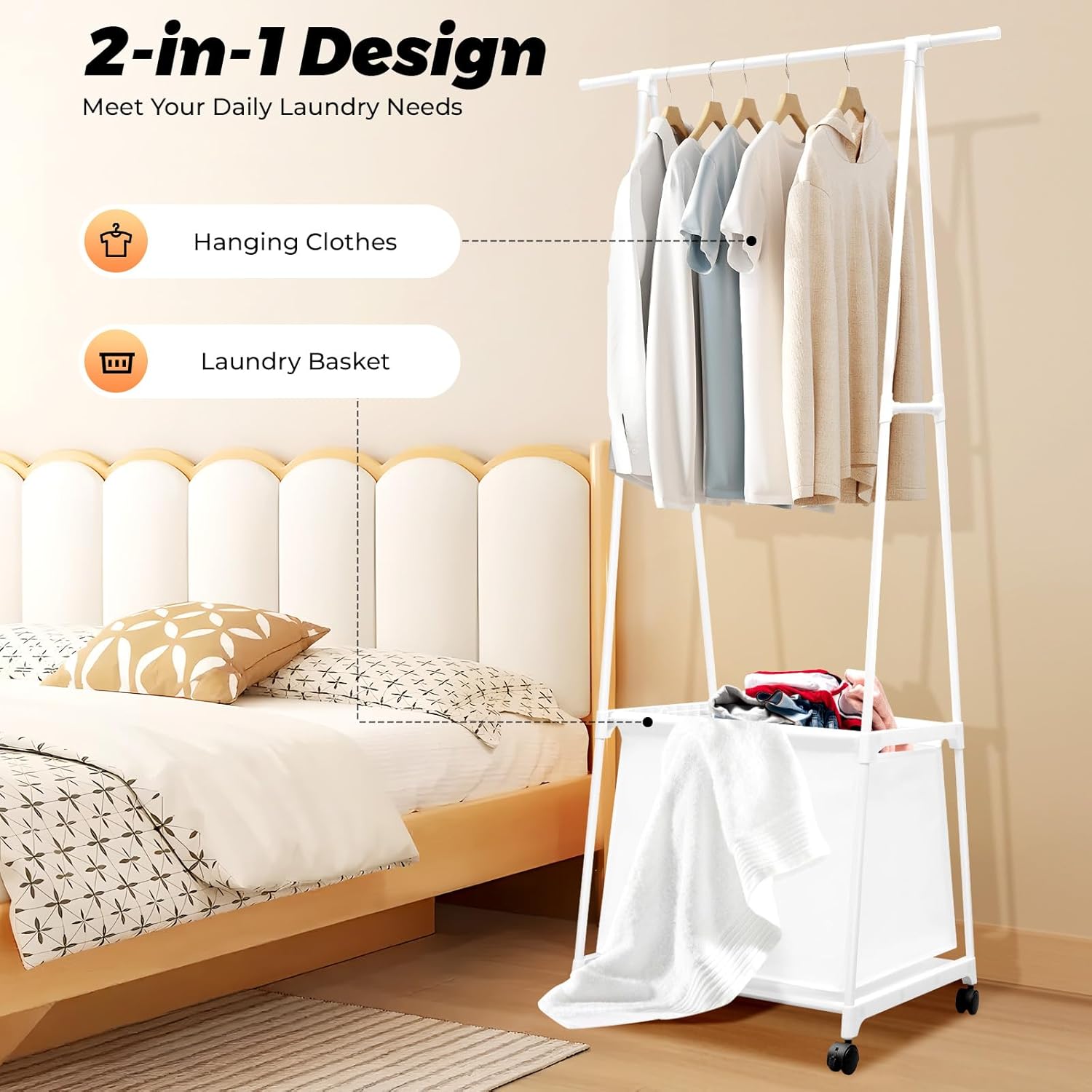 Laundry Cart with Hanging Rack, Fabric Laundry Hamper with Wheels, Small Clothes Rack with Fabric Basket Organizer Clothes Sorter for Hotel Home (21.7" x 16.5" x 63", White)