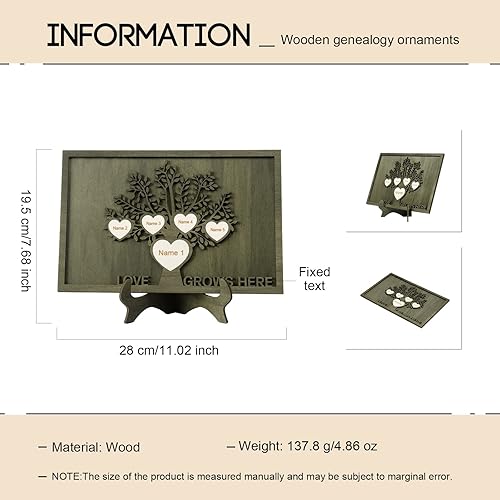 Vista 201 de Árbol genealógico con etiqueta de corazón, placas de madera grabadas personalizadas, regalos personalizados para madres, padres, escritorio, nombres