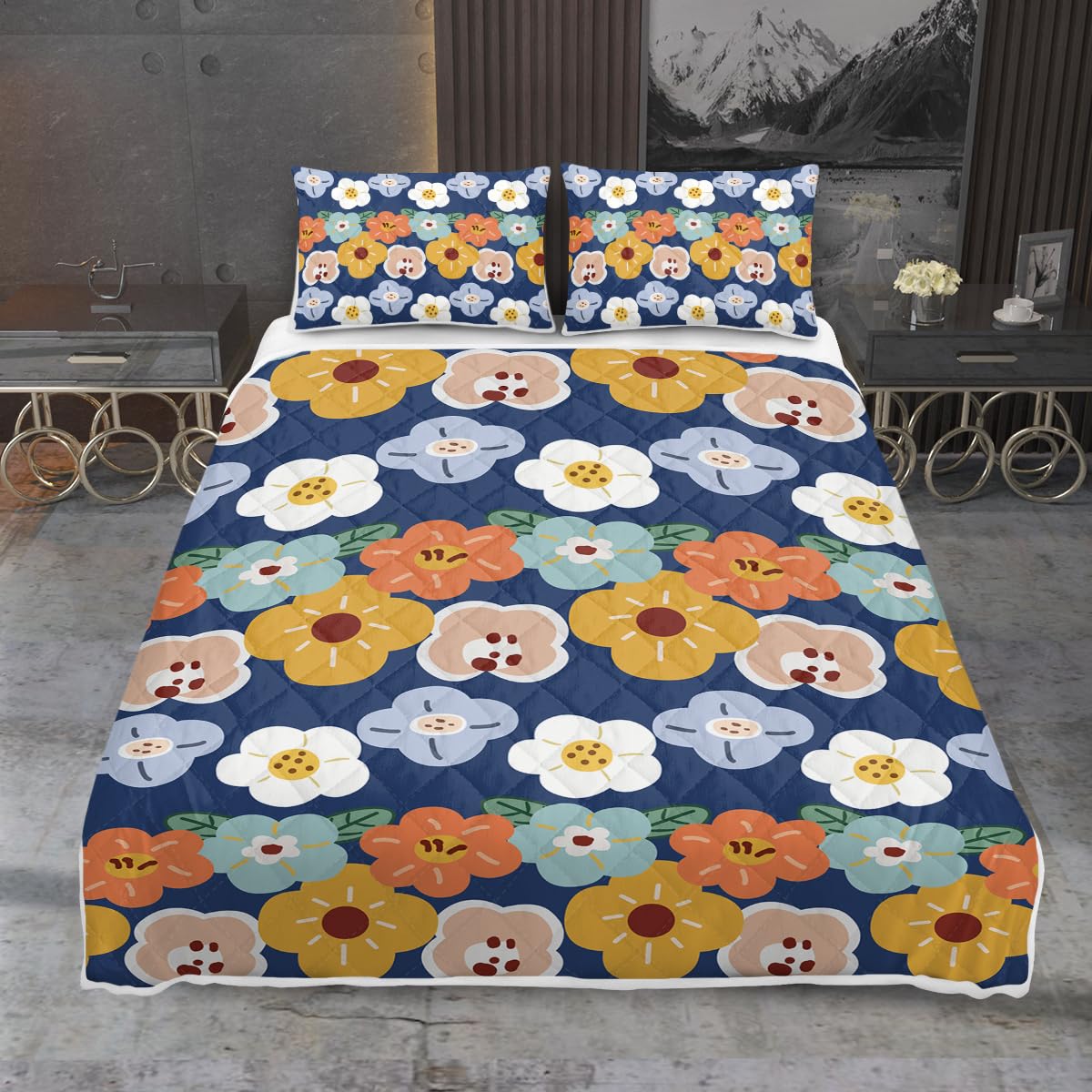 MILANKET 3 Pieces Colorful Flowers Print Quilt Set King Size for Kids Adults Blue Bedspread Coverlet Lightweight Microfiber Bedding Set with 2 Pillow Shams