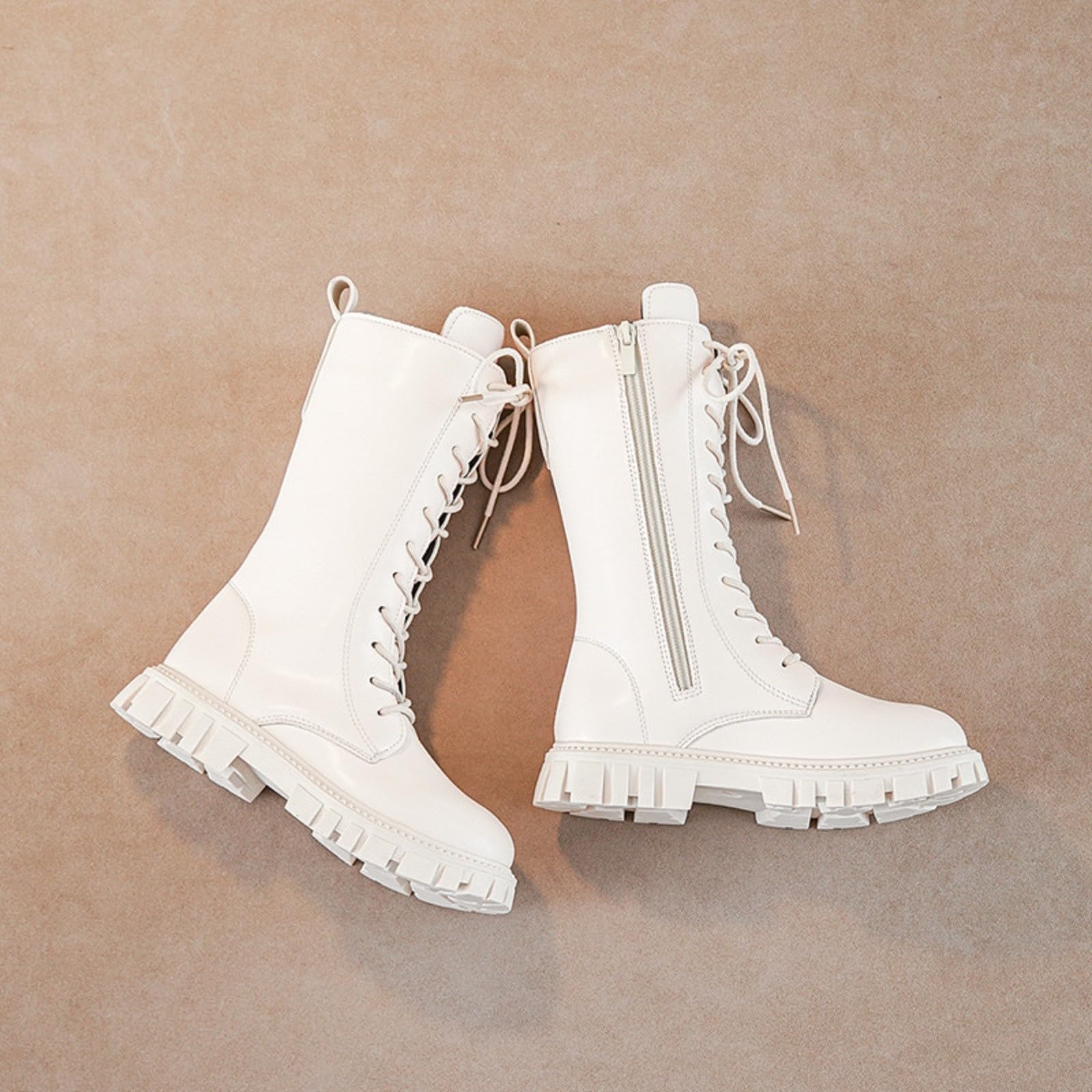 Botas Niña Altas hasta La Rodilla Botas Altas Botas De Combate Blancas Zapatos para Niña Zapatos Escolares De Piel SintéTica con Cordones Y Cremallera Lateral Punk Goth Boot De Princesa De Goma