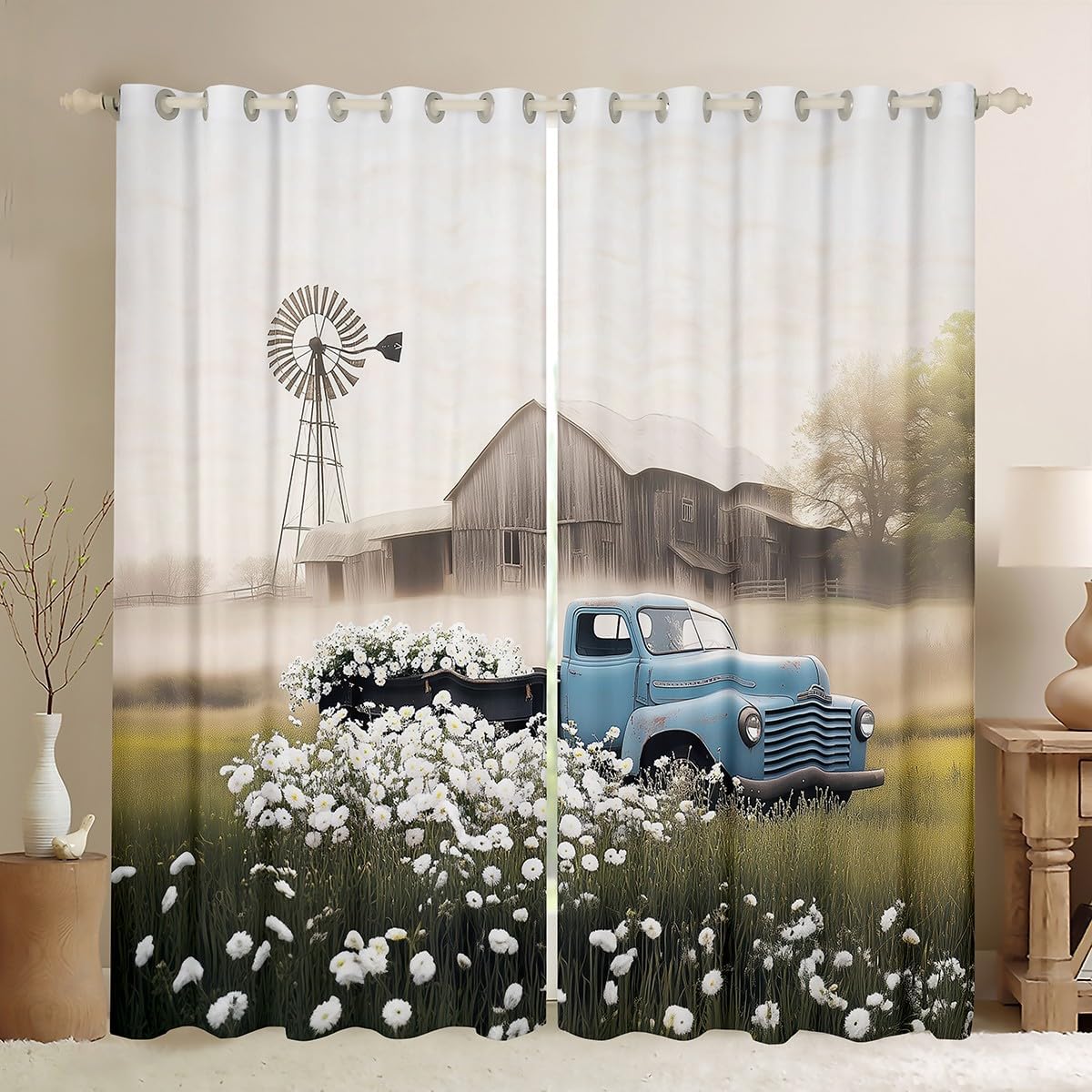 Blue Truck Car Window Curtain,Rustic Farm Barn Curtains White Daisy Floral Window Treatment Curtain for Kids Girls Boys Teens Room Decor,Vintage Country Style Window Drapes,2 Panels,52Wx96L