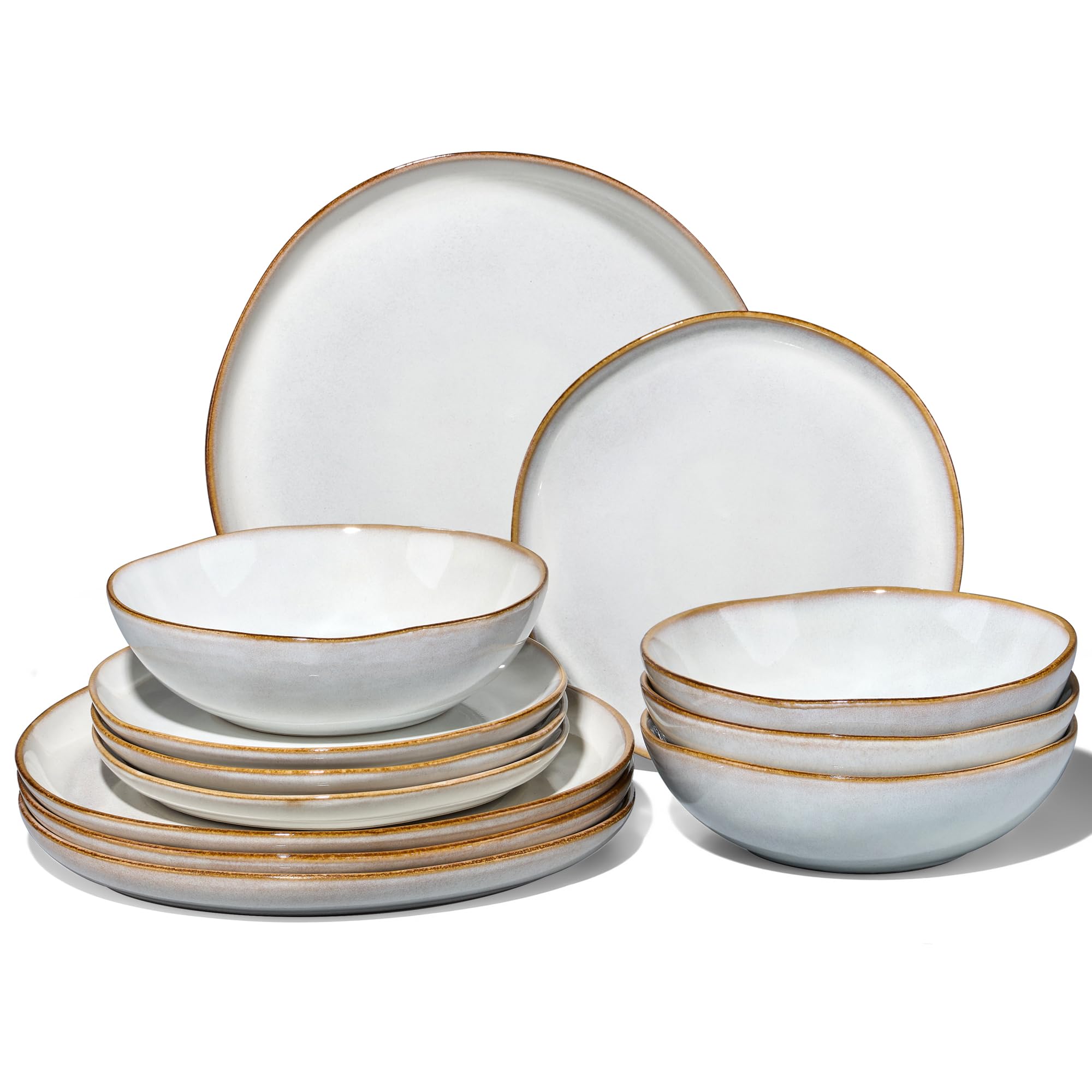 Joyfair Dinner Set, 12 Pieces Stoneware Dinnerware Set Service for 4, Reactive Glaze Irregular Shape Plates and Bowls, Chip & Scratch Resistant, Microwave & Dishwasher Safe, Gilded Alabaster White — image 1