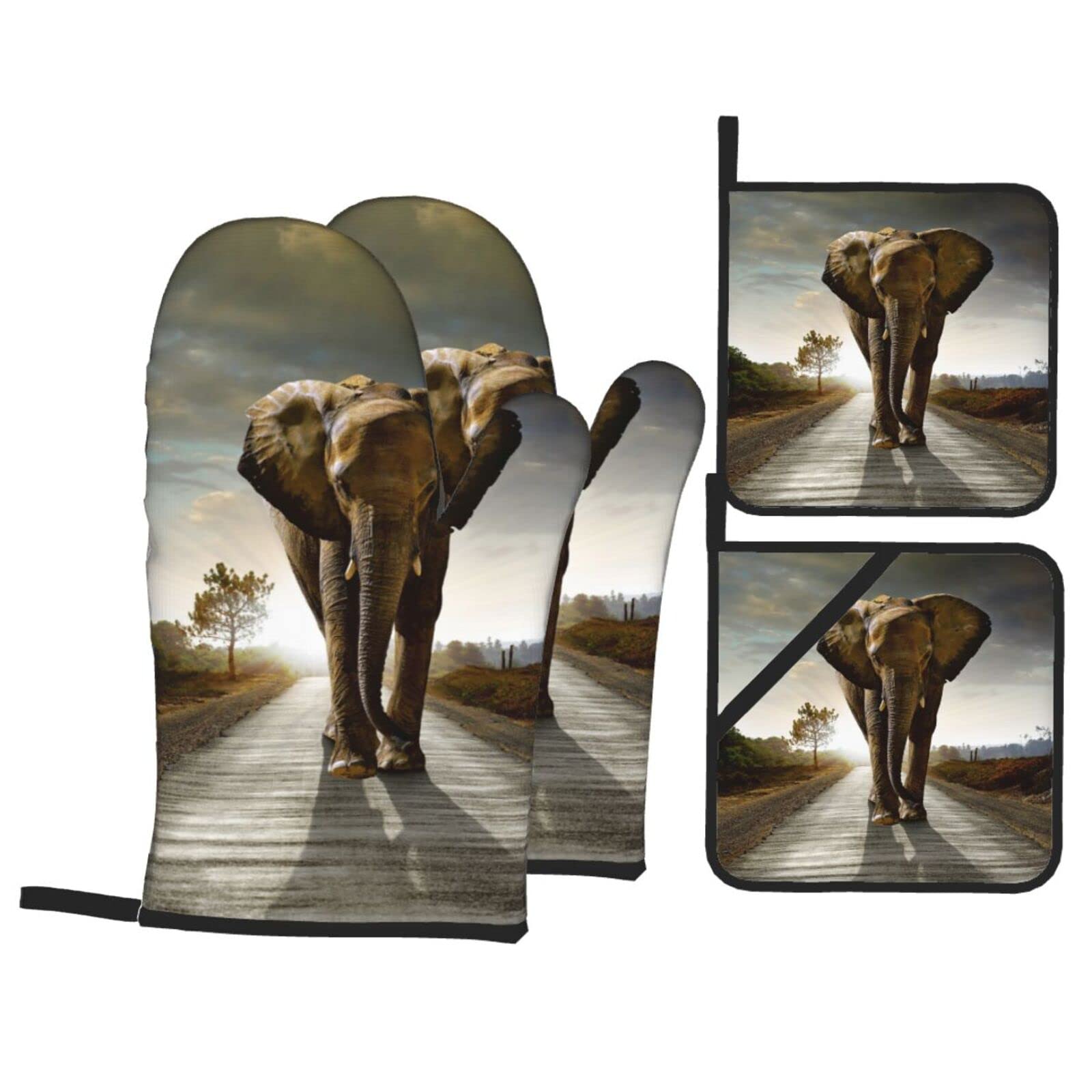 Elephant Oven Mitt and Pot Holder 4-Piece Set for Kitchen, Outdoor Grill, Baking