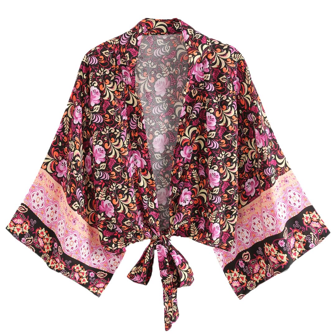 Vintage Boho szlafrok krótkie okrycie bikini upy sztuczny jedwab bawełniany rękaw nietoperz lato plaża okrycie damskie