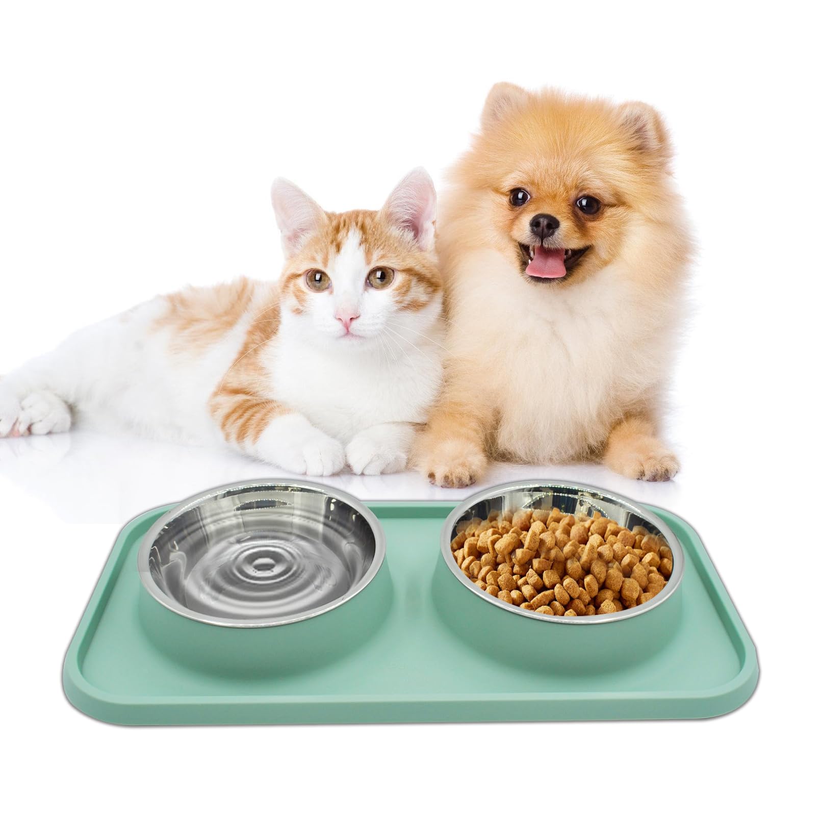 MUYG Double Dog Food Bowls Stainless Steel with No Spill Non Skid Silicone Mat Removable Dog Water and Food Bowls Set Durable Feeding for Small Dogs
