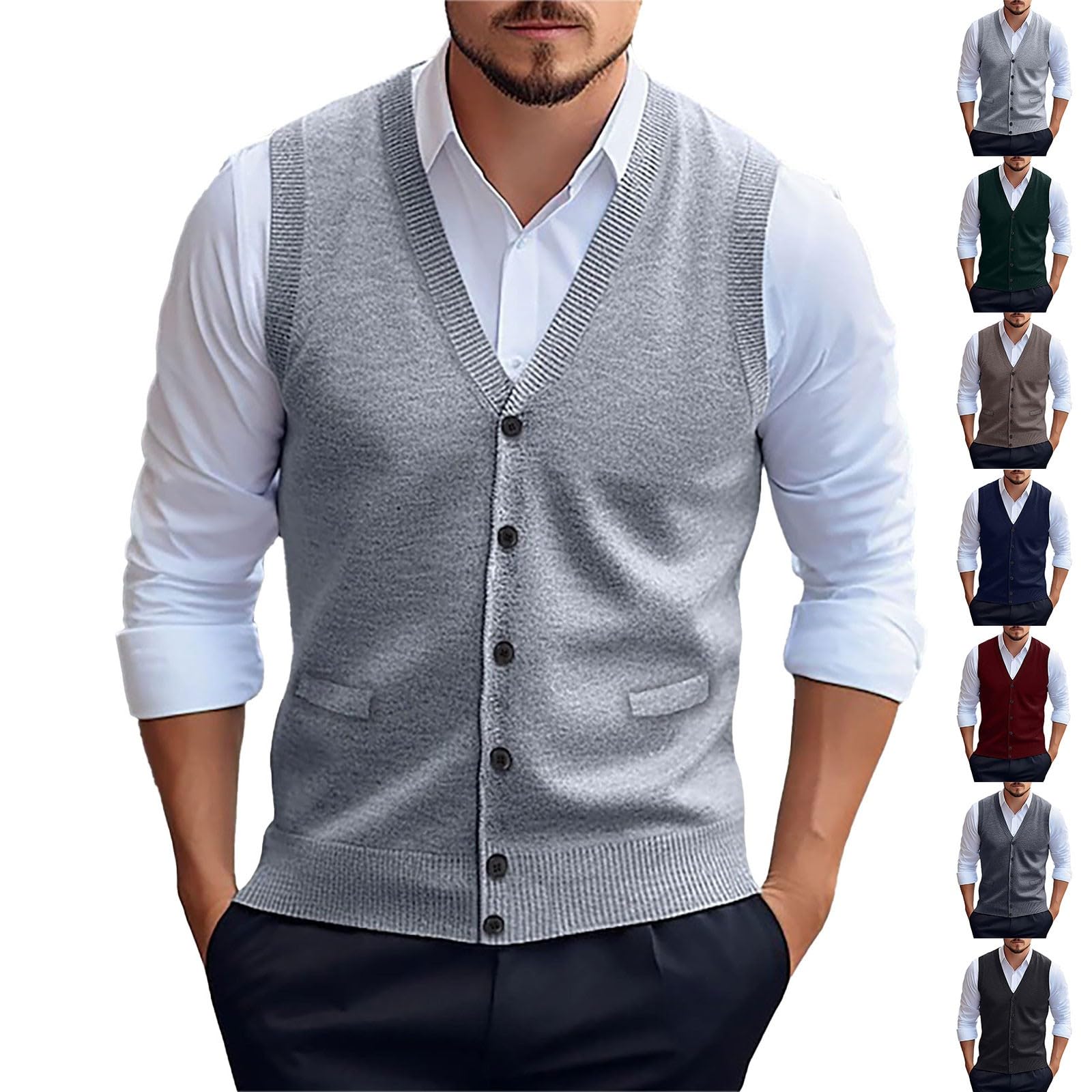 Chaleco de punto sin mangas para hombre, chaleco de 3 botones para hombre, chaleco de punto ajustado, chaleco casual para caballero, cárdigan de punto con cuello en V, chaleco de lana cómodo