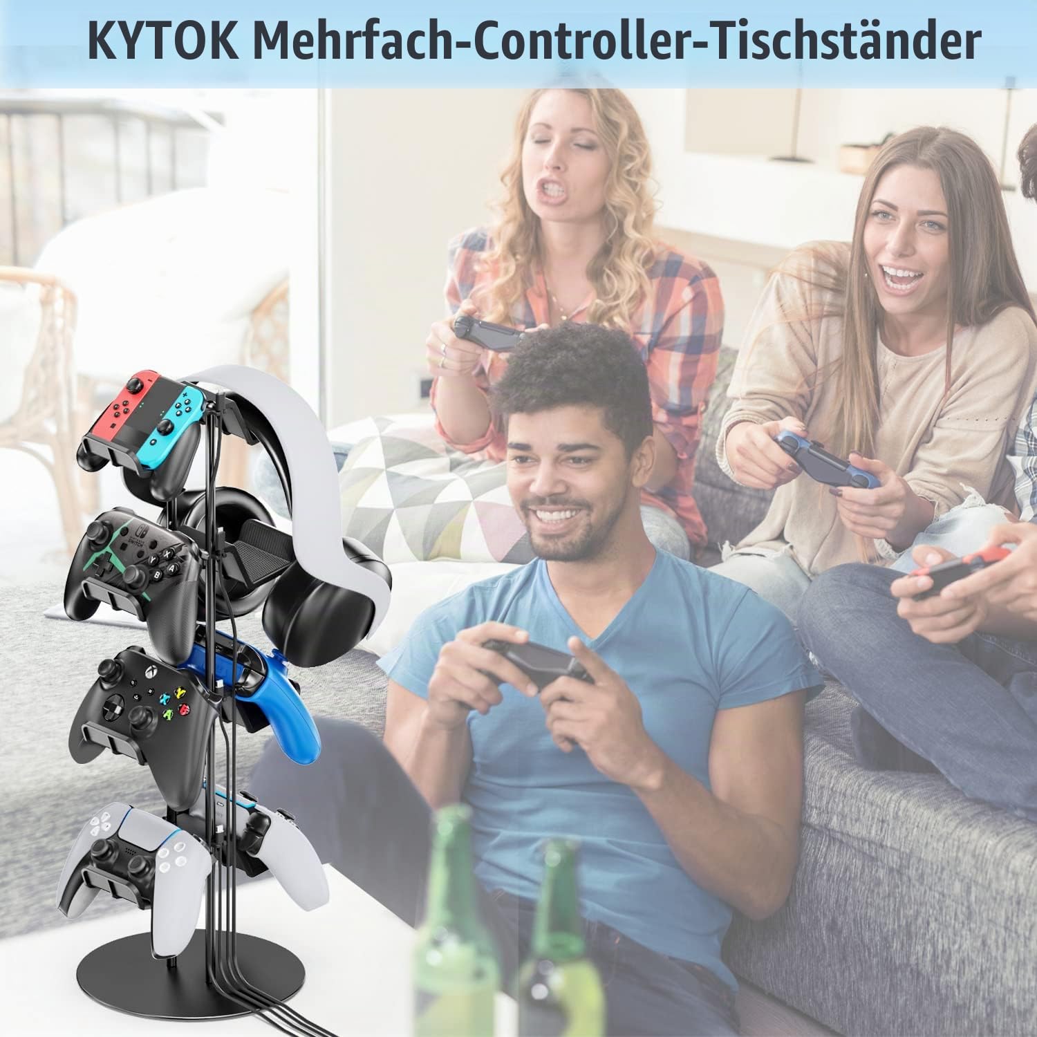 Gaming Deko Controller Halterung, 4-Stufen Controller Halter & Kopfhörer Halterung Tisch mit Kabel Gaming Organizer, Kopfhörer Halter für Universaler Controller/Headset, Gaming Zubehör Zimmer Deko