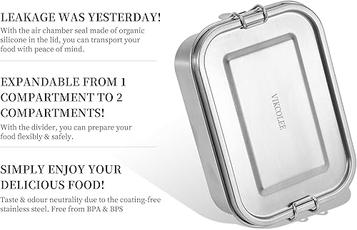 Miniatura 8 de VIKCOLEE Caja Bento de acero inoxidable, contenedor de comida de metal, lonchera Bento de 27.1 fl oz para niños o adultos con clips bloqueables a