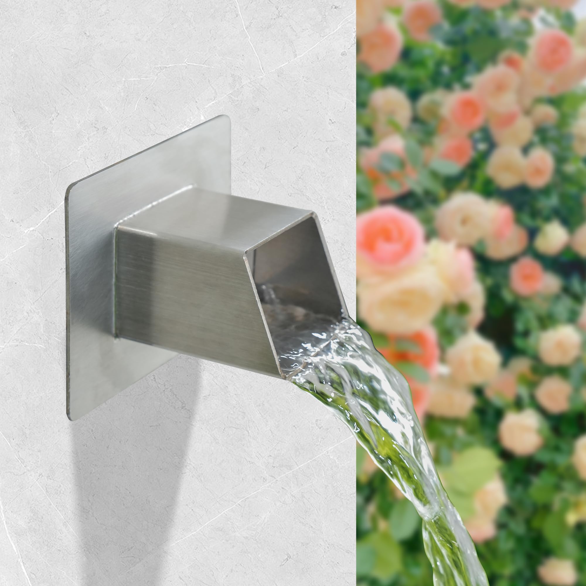 316 Stainless Steel 1.2-Inch Wall-Mounted Water Spout - Durable Outdoor Garden Square Waterfall Spillway with Integrated Spray Baffle, Modern Design for Patio, and Landscaping (Silver)
