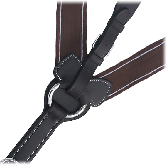 Exion Horse Elastic English Breastplate with Running Martingale Attachment & Quick Release Snaps Padded Leather Breastplate for Jumping & Eventing Brown Elastic with White Lines