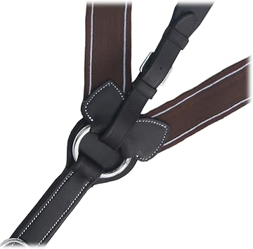 Exion Horse Elastic English Breastplate with Running Martingale Attachment & Quick Release Snaps Padded Leather Breastplate for Jumping & Eventing Brown Elastic with White Lines