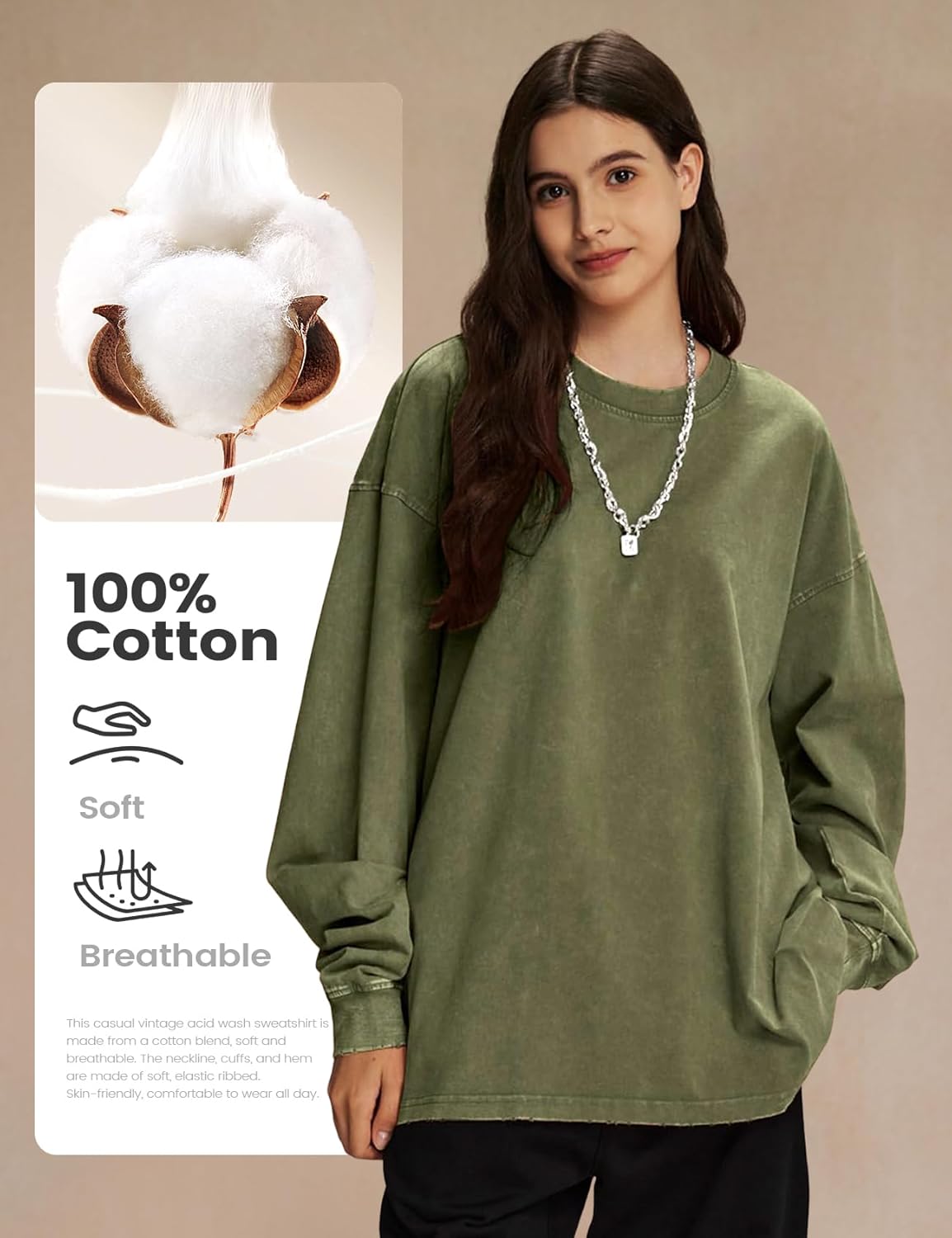 Yimoon Oversized Tshirts for Women Cotton Long Sleeve Shirts Acid Wash Baggy Tees Vintage T Shirt Streetwear - Image 2