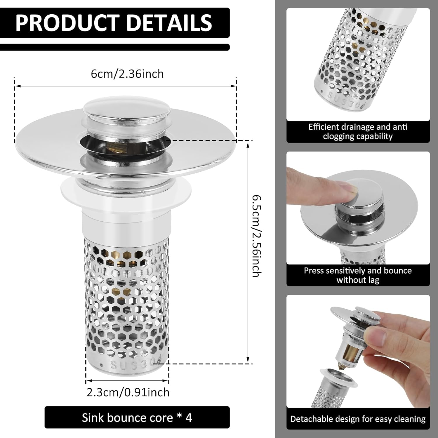 Bathroom Sink Drain Strainer, Stainless Steel Pop Up Sink Drain Filter with Removable Filter Basket Hair Catcher, Fine Filtration, Anti Clogging Sink Stopper Filter Basket for Bathroom (4)