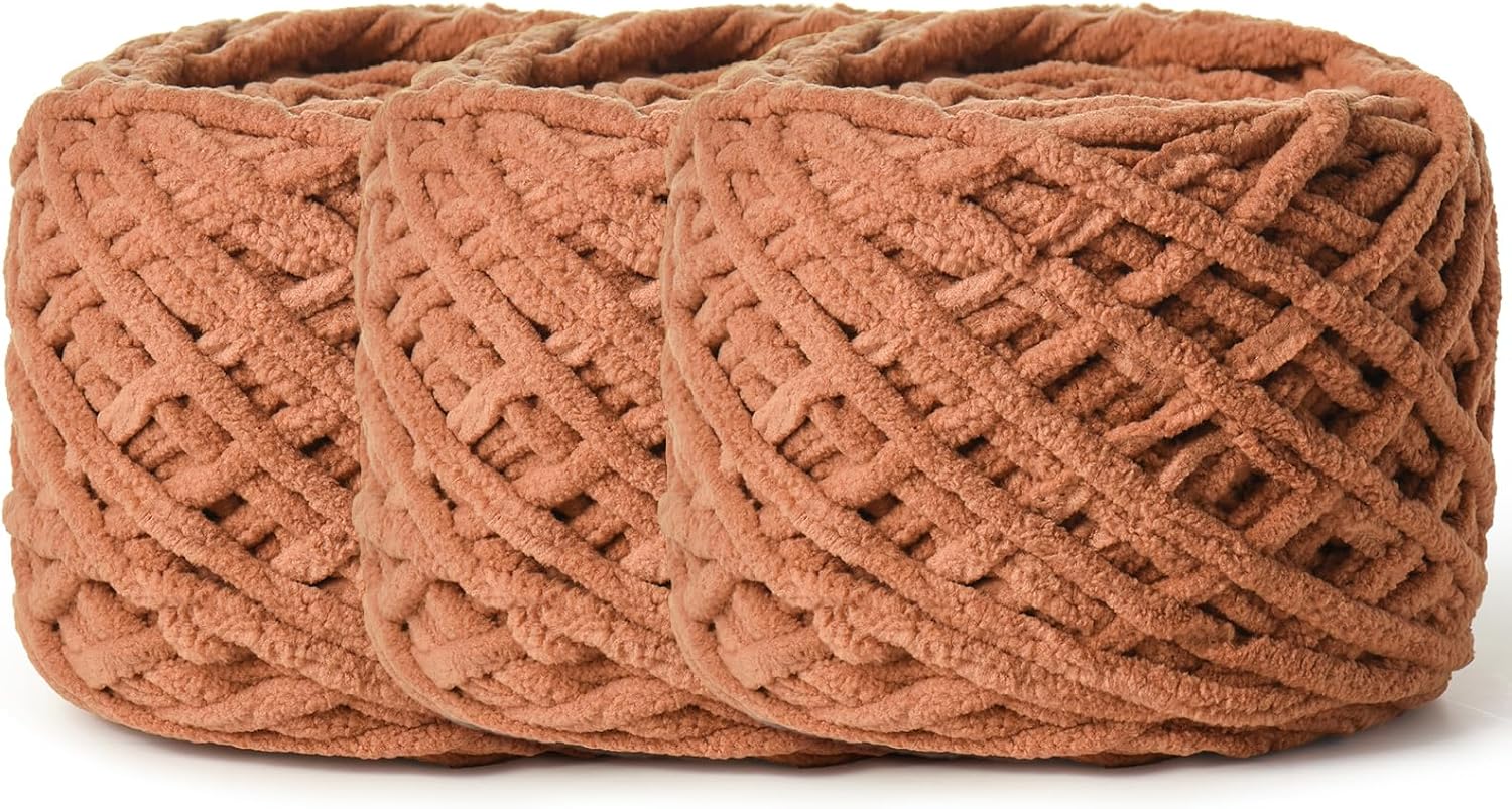 3 Pack Fluffy Chenille Chunky Yarn for Crocheting 100g(65.6yd) - Baby Yarn for Crocheting Soft - Velvet Yarns for Crochet Blanket - Amigurumi Crochet Yarns (Light Tan)