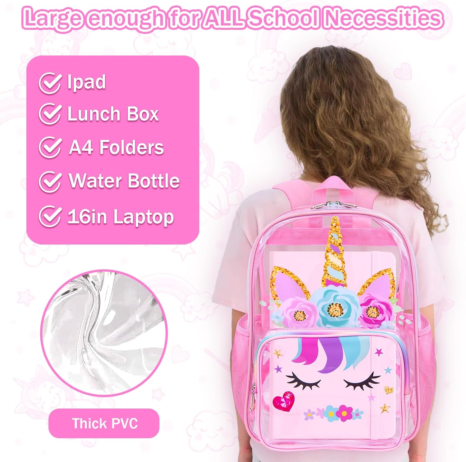 SHPMXUPW 3PCS Clear School Backpack for Kids - Unicorn Backpack for Girls 4-8, Heavy Duty Transparent Pink Bookbag with Lunch Bag and Pencil Case - See Through PVC Transparent Bookbag - Image 4