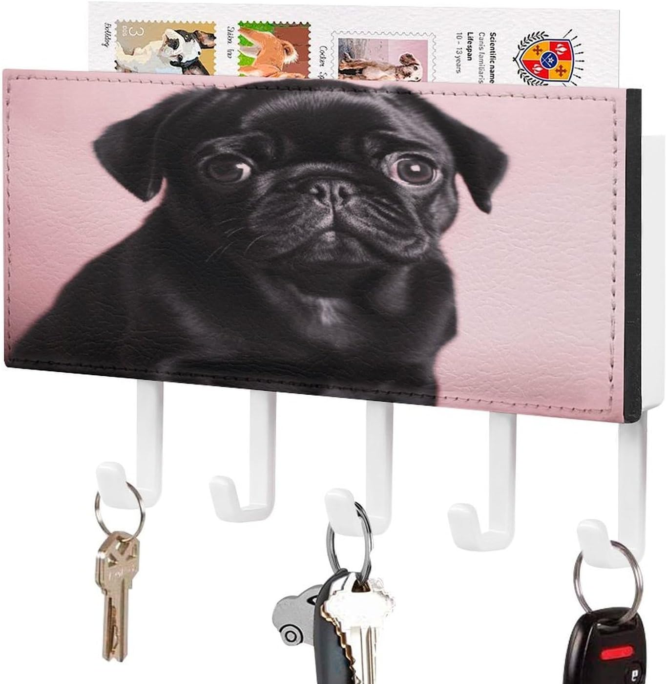 Key Holder Wall Mount Key Hanger with 5 Hooks, Decorative Key Rack | Cute Black Pug Hanging Key Hooks with Mail Organizer for Wall Living Room Kitchen Bathroom Hallway