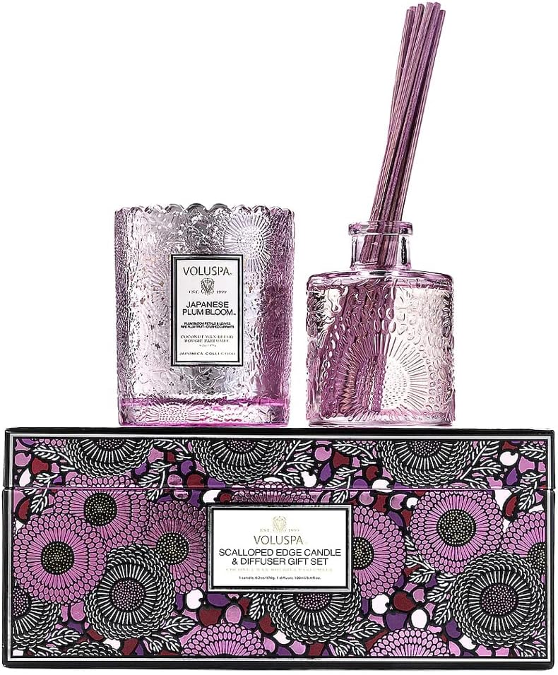 Voluspa Voluspa Japonica Japanese Plum Bloom Scalloped Edge Candle and Diffuser Gift Set, 1