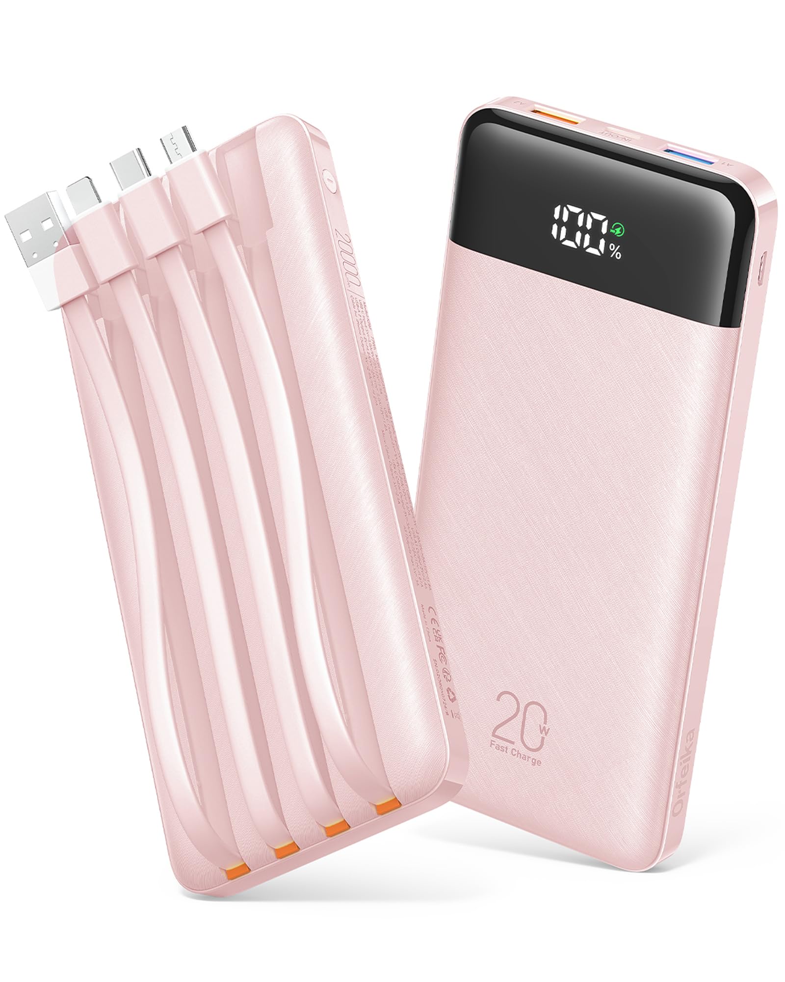 Orfeika Batería externa de 20000 mAh con 4 cables integrados, carga rápida PD de 20 W, batería externa con pantalla LED, paquete de batería para iPhone 17/16/15, Galaxy, iPad, Android y más (rosa