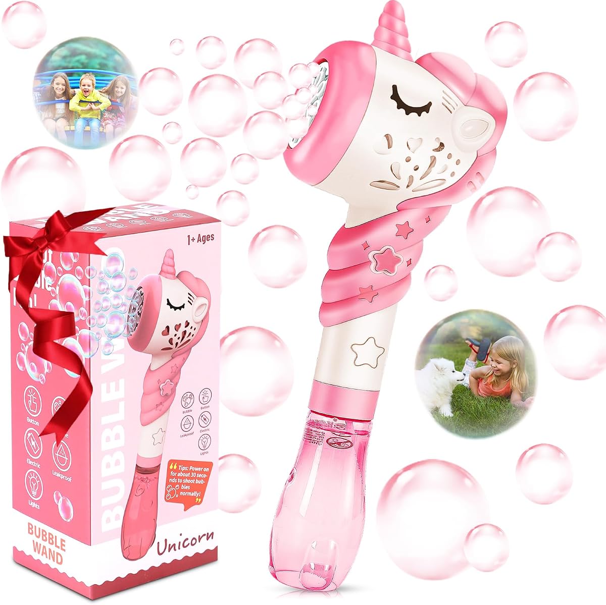 Varita de máquina de burbujas de unicornio, regalos para niños de 3, 4, 5, 6, 7, 8 años, fiesta de cumpleaños, juguete único y lindo para exteriores, verano, juego para el día de Pascua para niña y niño, incluye solución rosa