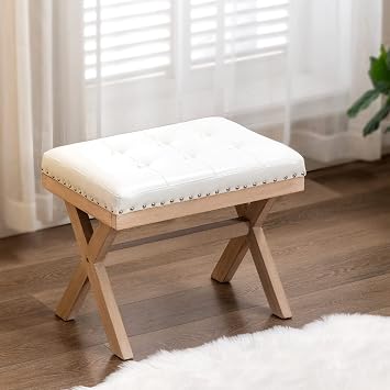 Bench Ottoman Faux Leather Upholstered Entryway Bedroom Bench Footstool Seat with X-Shaped Wooden Legs for Patio Bedroom Living Room Foyer Hallway, White