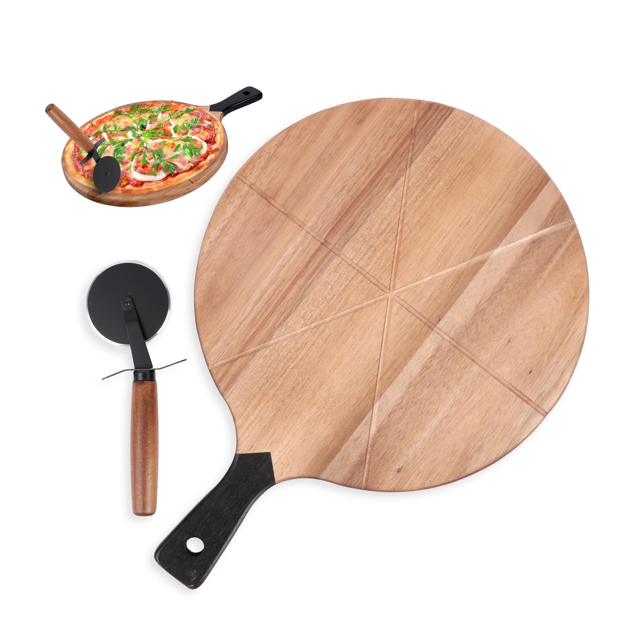 Pizza Set – Schneidebrett aus Holz (Akazienholz) mit Griff und Führungsrillen + Pizzaroller – 30 cm Durchmesser - Pizzateller groß, Servierplatte & Holz Schneidebrett in Einem