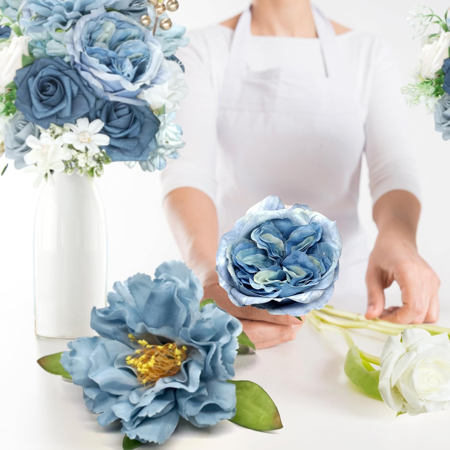 Blue Silk Flowers bulk Artificial - Fake Roses with Stems, Combo Dusty Blue Flowers for DIY Wedding Bouquets Bridal Shower Centerpieces, Home Decorations, Table Centerpieces, Floral Arrangement. - Image 4