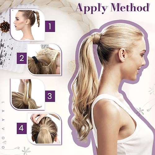 Miniatura 5 de LaaVoo - Extensiones de cabello humano, con clip, 14 pulgadas, mezcla de rubio claro y marrón claro, extensiones de cola de caballo de cabello