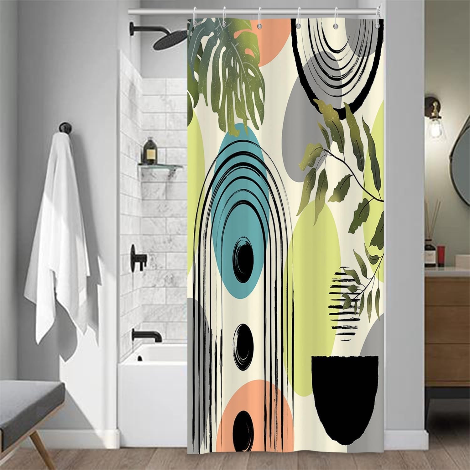 Abstract Boho Shower Curtain Modern Art Arch Green Leaves Colorful Geometric Pattern Mid Century Bath Curtain for Bathroom Decor Waterproof Polyester Fabric Set with Hooks, 72x72 Inch