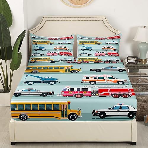 Miniatura 3 de Erosebridal Juego de sábanas de coche de policía para niños, sábanas para cama de autobús escolar, tamaño individual, camión de bomberos, vehículos