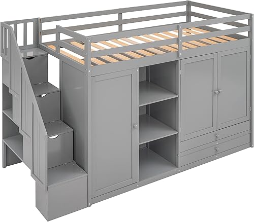 Miniatura 7 de JIVOIT Cama alta de tamaño individual con 3 estantes 2 armarios y 2 cajones cama alta funcional con escalera de almacenamiento marco de cama de